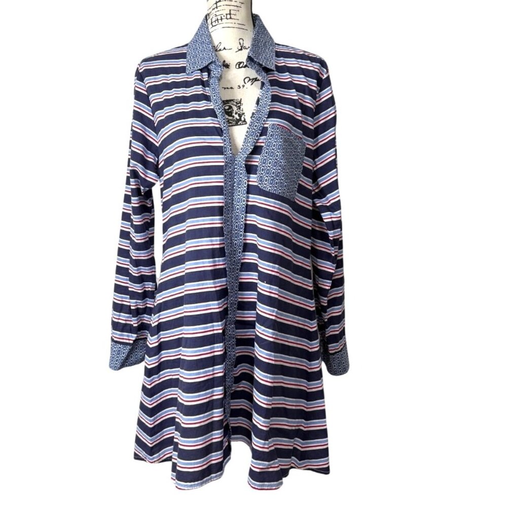 Tommy Bahama Boyfriend Shirt Cover-Up Dress Sleep Striped Blue Womens Size L - Picture 1 of 7